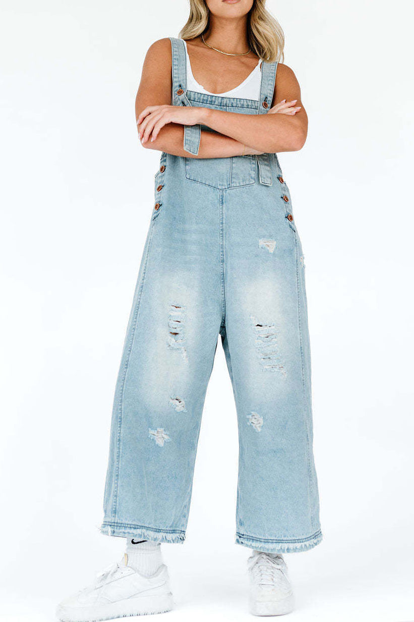 Loose Fit Distressed Denim Overalls