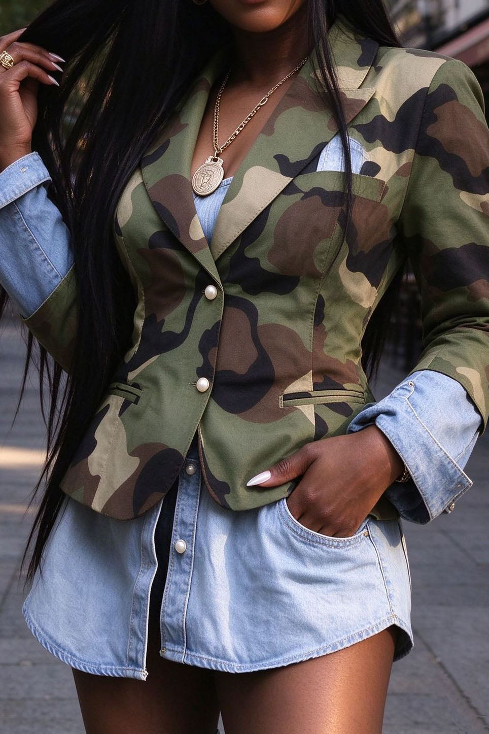 Camouflage Blazer with Denim Trim