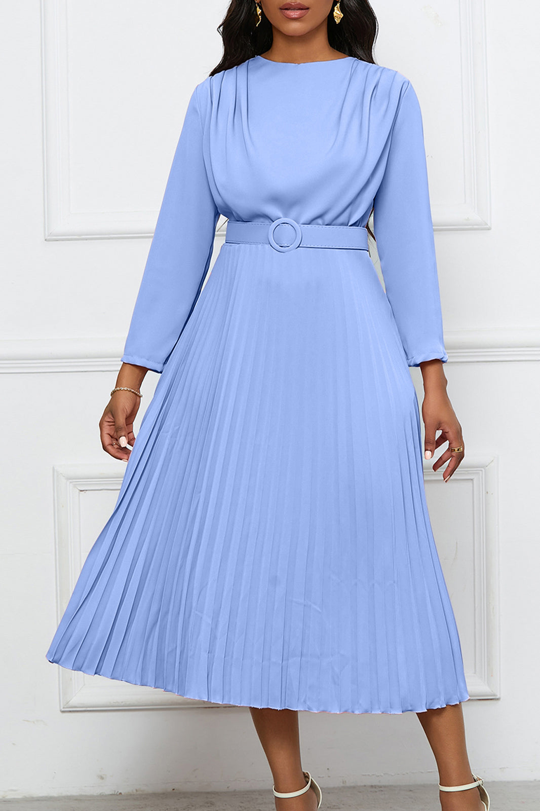 Elegant Pleated Career Solid Dress