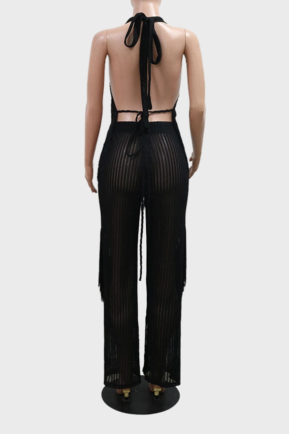 Sleeveless Backless Top Loose Pants Tassel Set