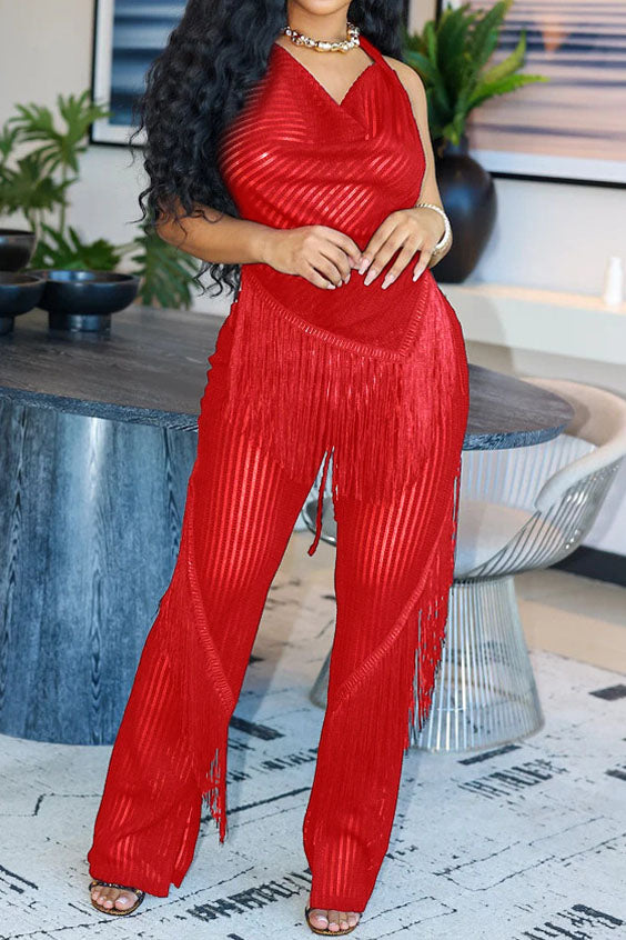 Sleeveless Backless Top Loose Pants Tassel Set