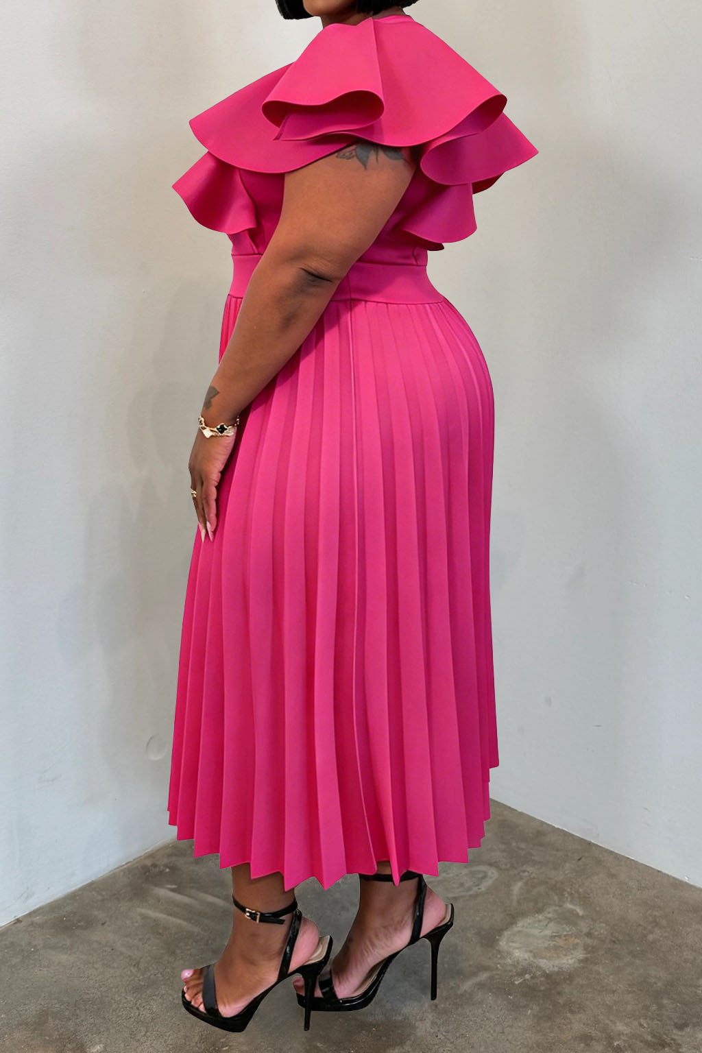 Plus Size Ruffle Sleeve Pleated Dress