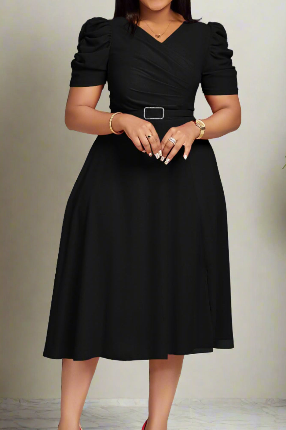 V Neck Short Puff Sleeves High Waist Midi Dress