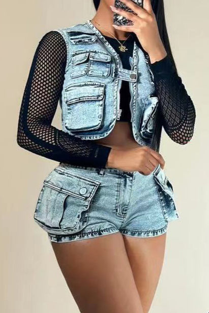 Denim Utility Vest & Stretch Shorts Set