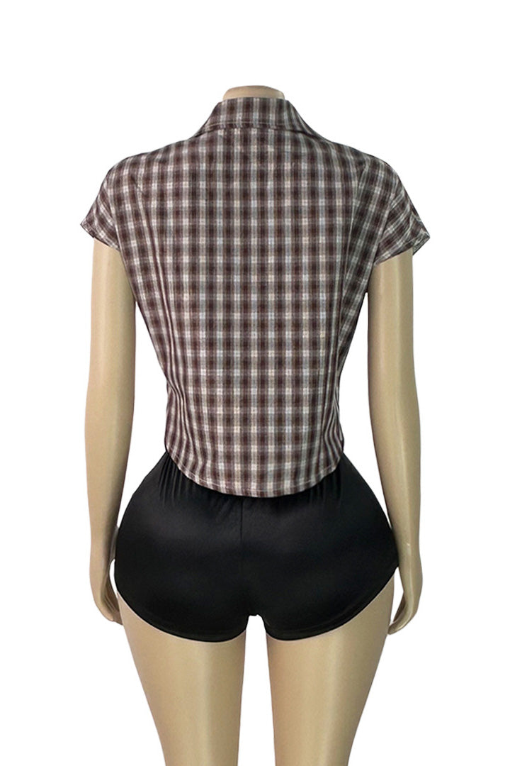 Plunge V-Neck Plaid Pointed Hem Top
