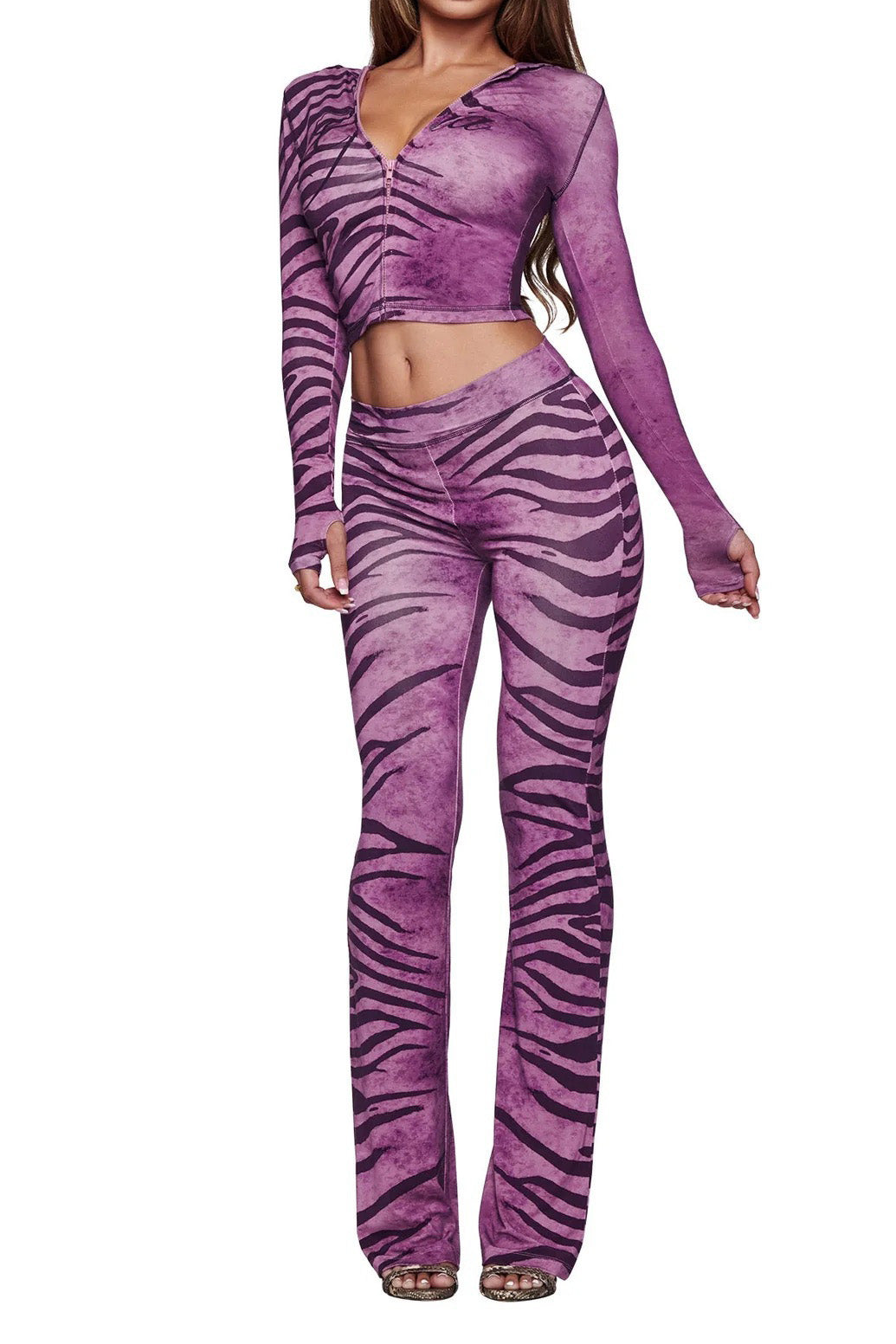 Printed Zip Hoodie & Flared Pant Set