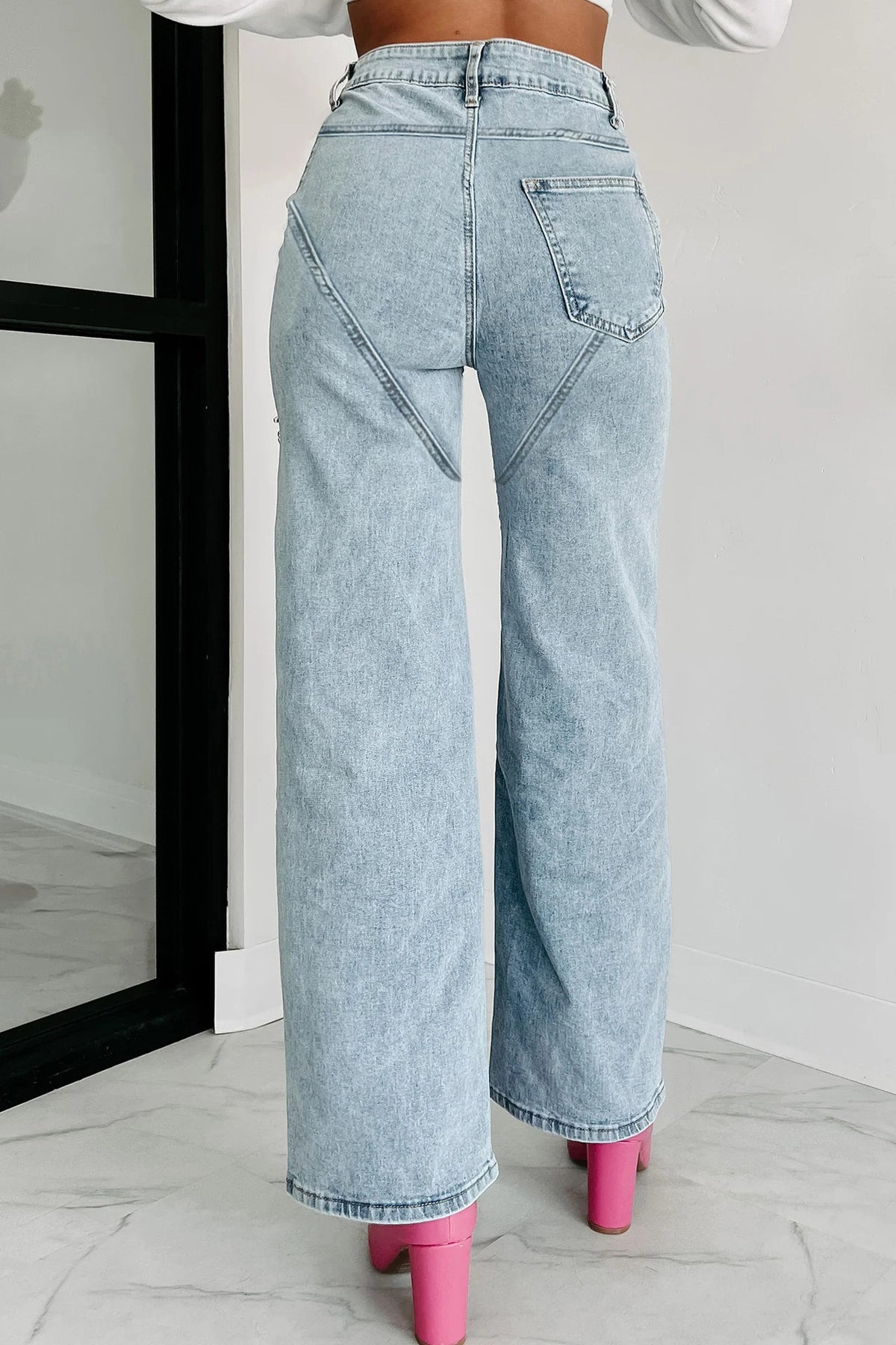 Washed Denim Rhinestone Cutout Jeans