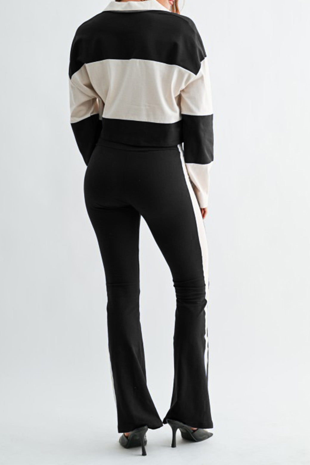 Colorblock Polo Top & Flare Pants Set