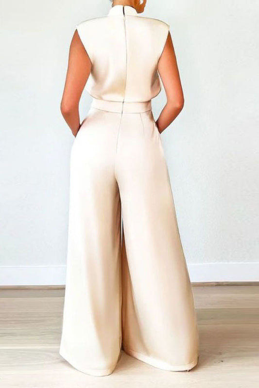 Sleeveless Mock Neck Pleated Wide Leg Jumpsuit