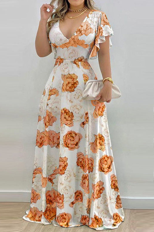 Elegant V-Neck Cinched Waist Print Maxi Dress