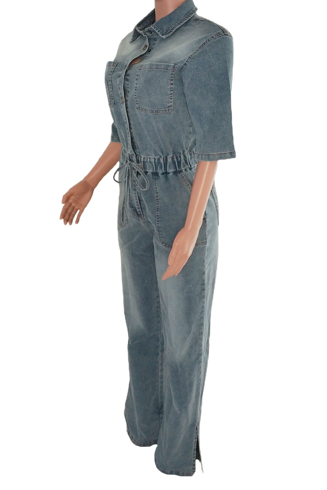 Stretch Denim Jumpsuit with Split Flare Legs