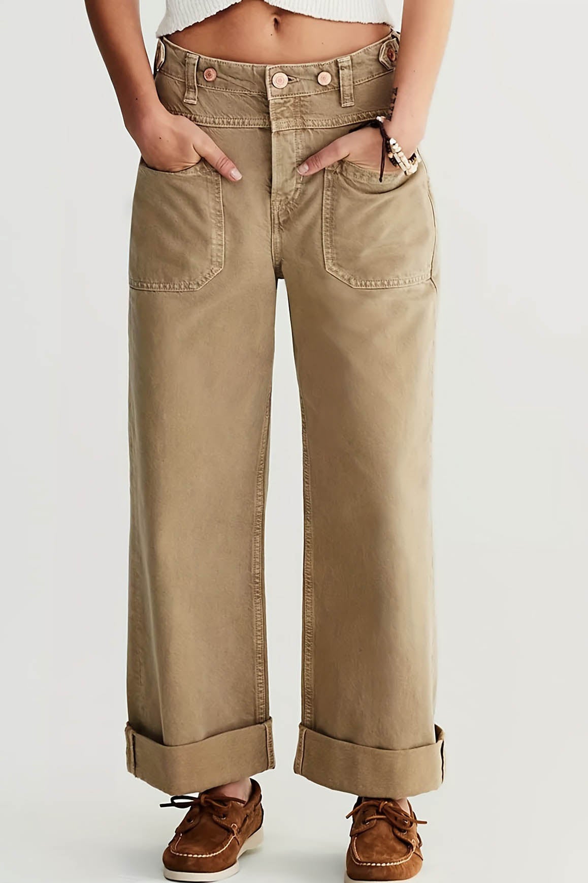 Washed Wide Leg Cuffed Jeans