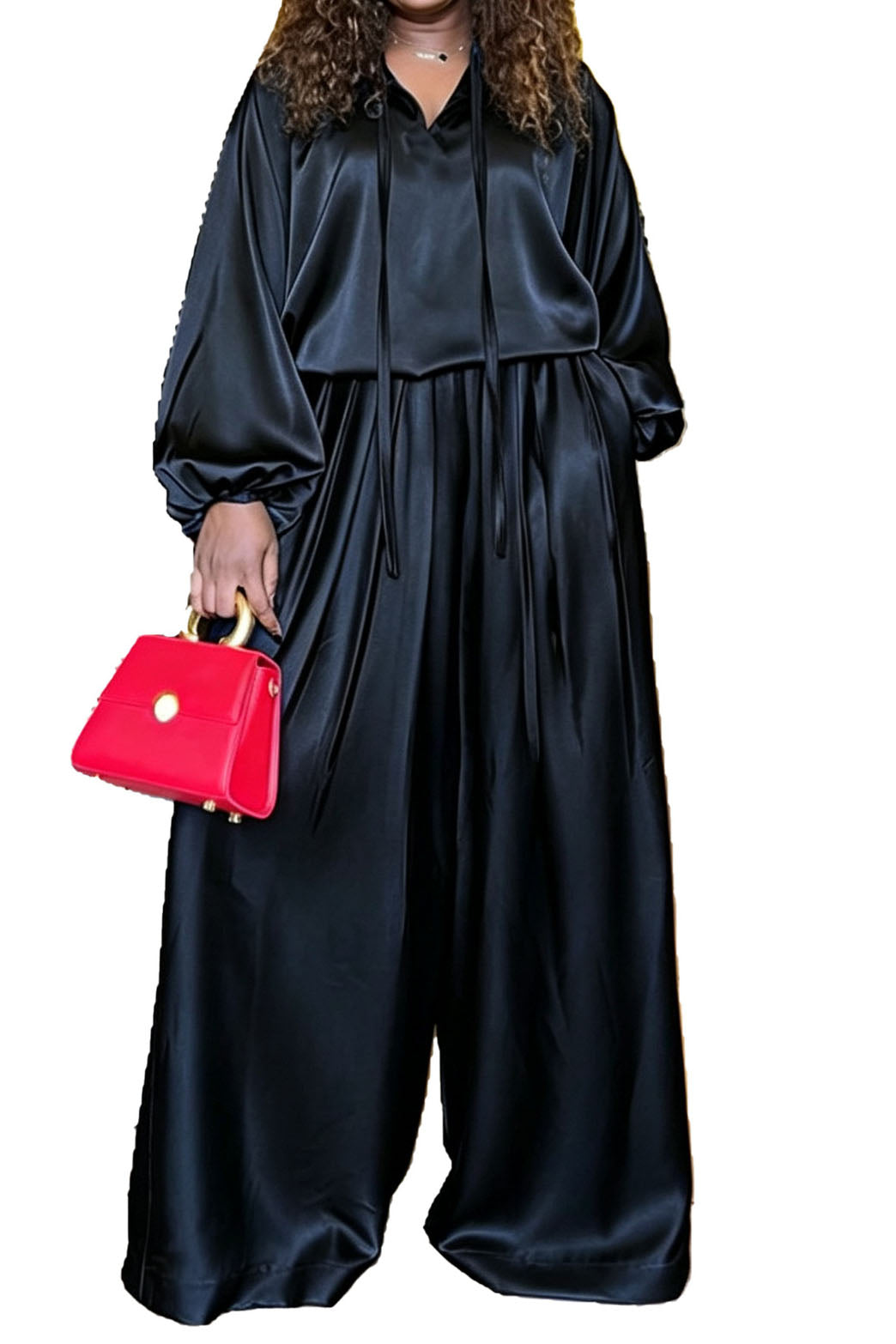 Drawstring Top & Wide Leg Pants Set