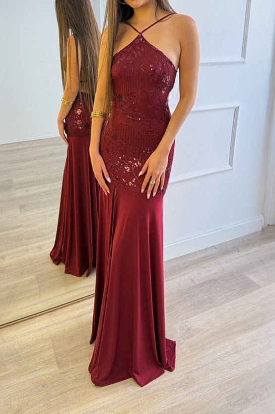 Sequin Floral Halter Mermaid Maxi Dress