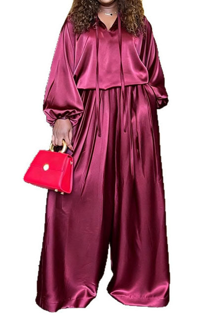 Drawstring Top & Wide Leg Pants Set