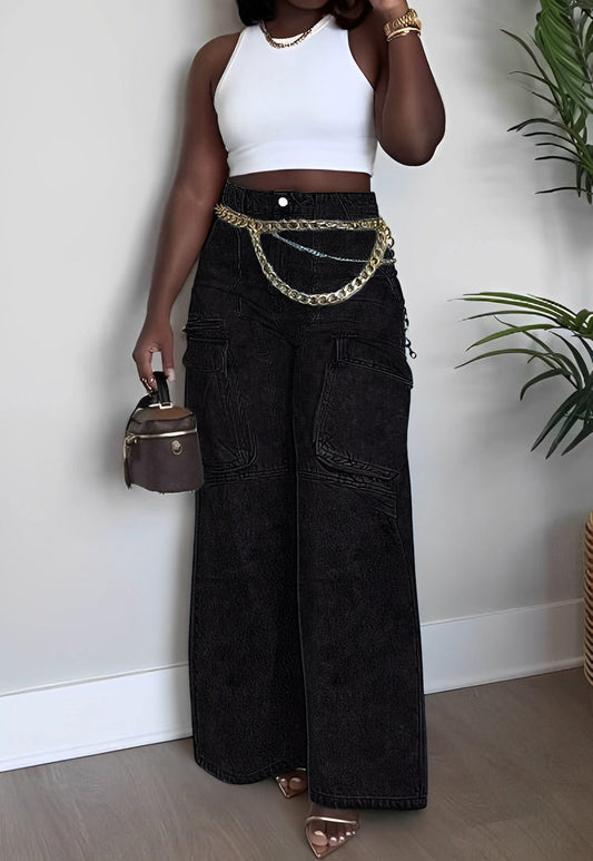 High-Rise Cargo Wide-Leg Utility Denim Jeans