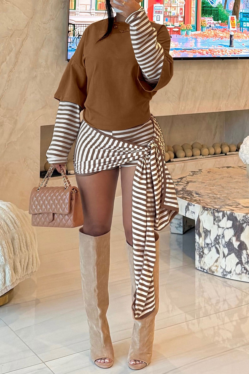 Layered-Look Stripe Top & Tie-Waist Shorts Set