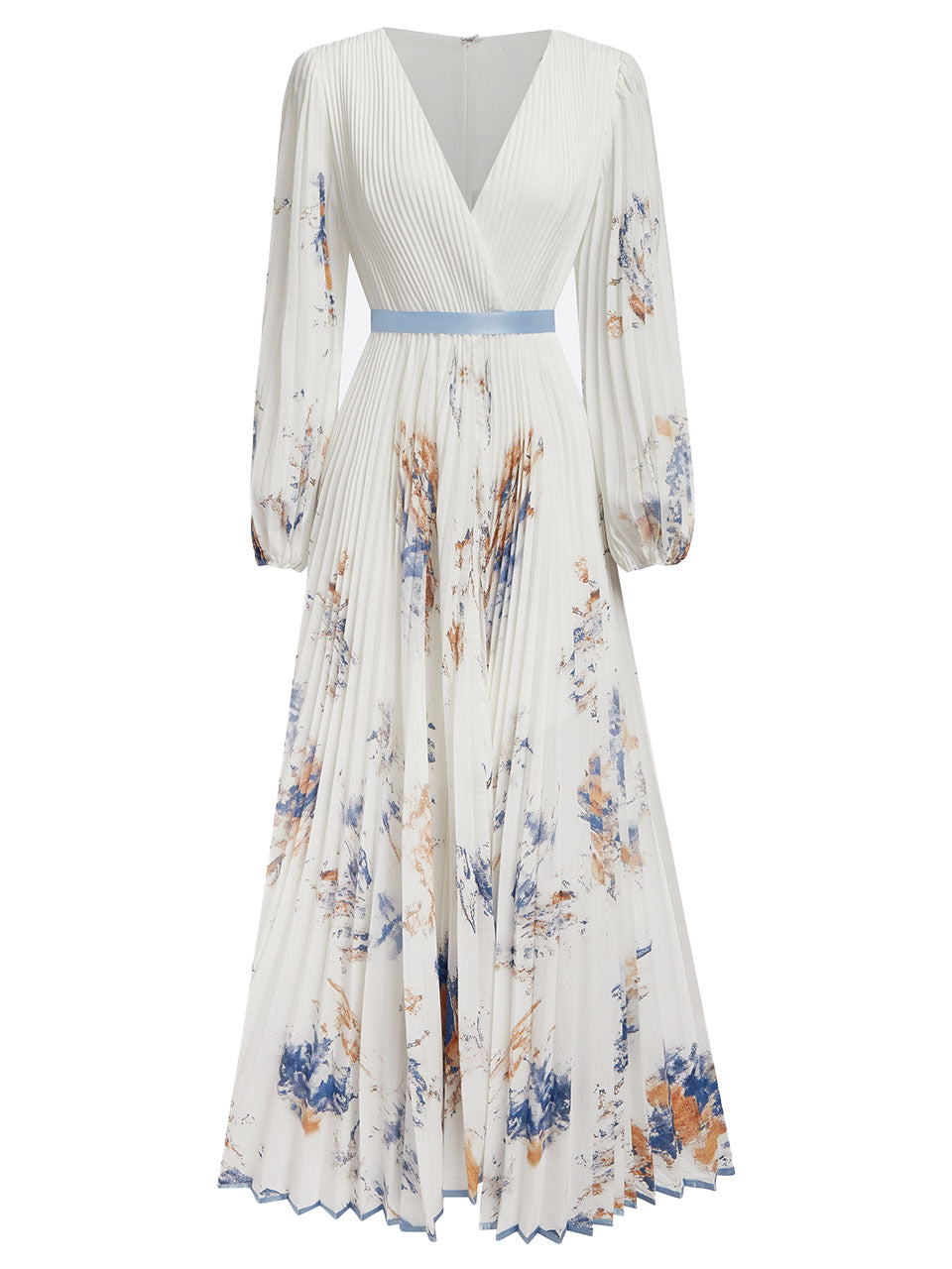 V Neck Floral Long Sleeve A Line Maxi Dress