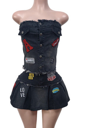 Denim Strapless Pleated Embroidered Skirt Set
