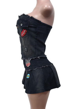 Denim Strapless Pleated Embroidered Skirt Set