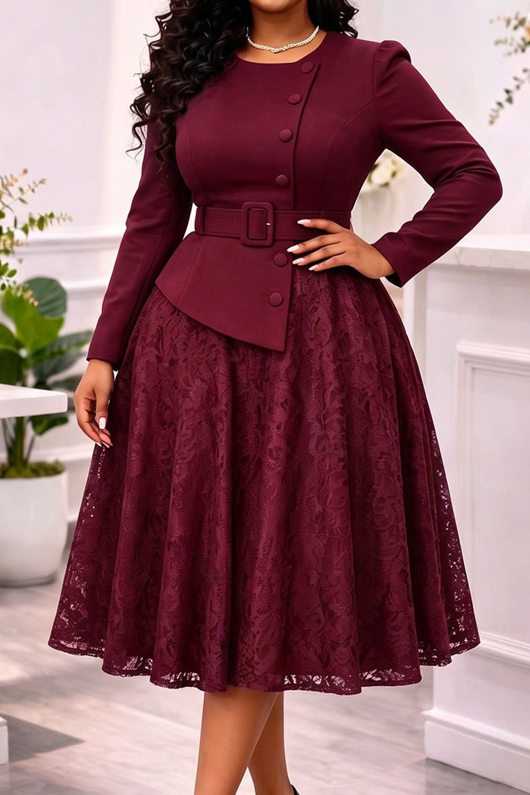 Belted Jacket Lace A Line Midi Dress