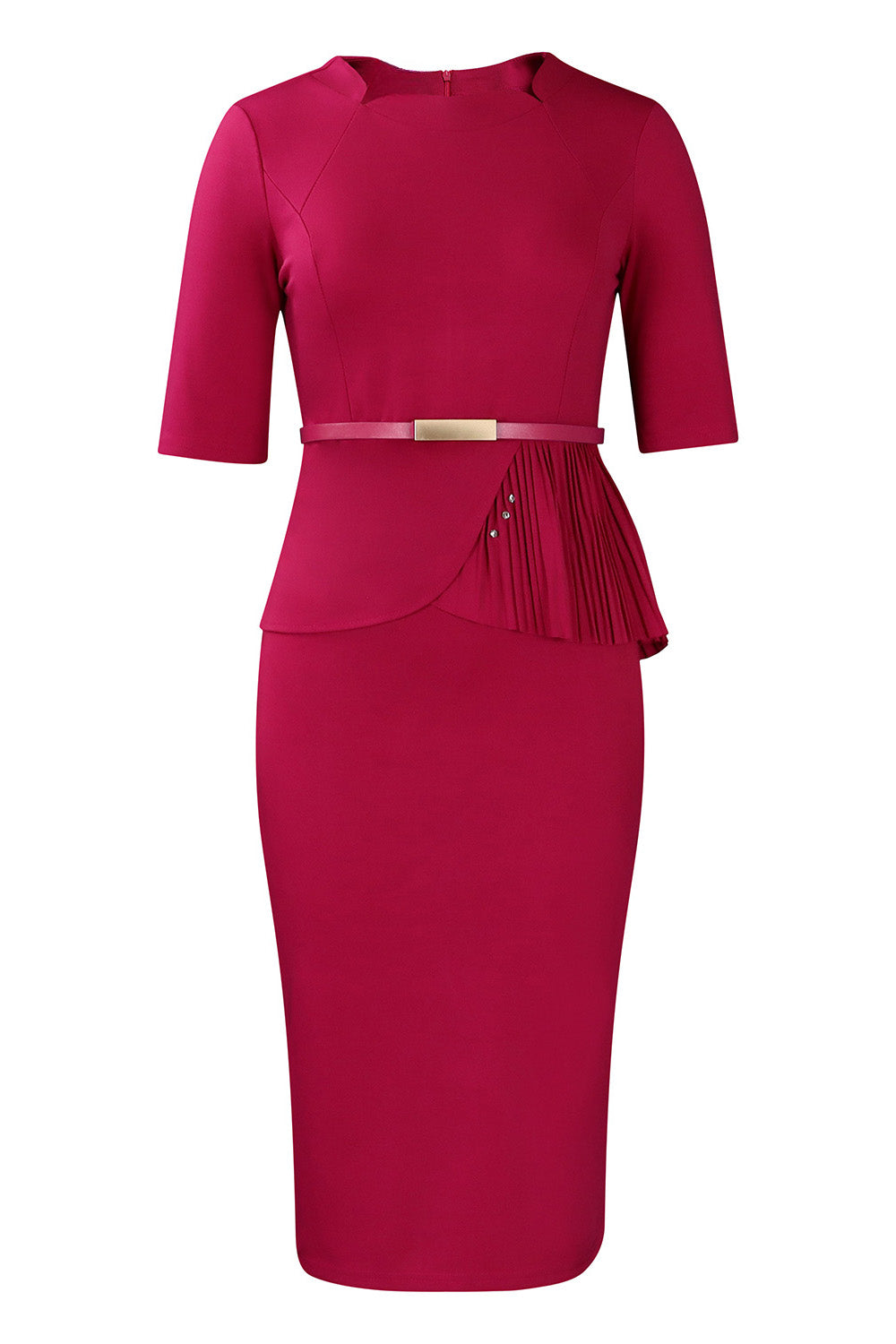 Solid Short Sleeves Knee Length Peplum Dress