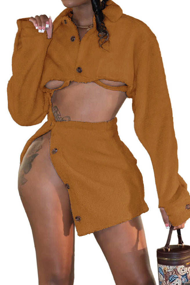 Fleece Long Sleeve Crop Tops Button Split Skirts