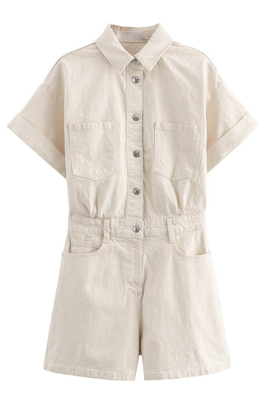Denim Short Sleeve Romper with Pockets