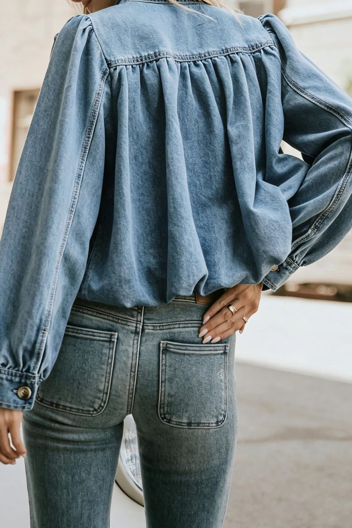 Puff-Sleeve Stand-Collar Denim Jacket