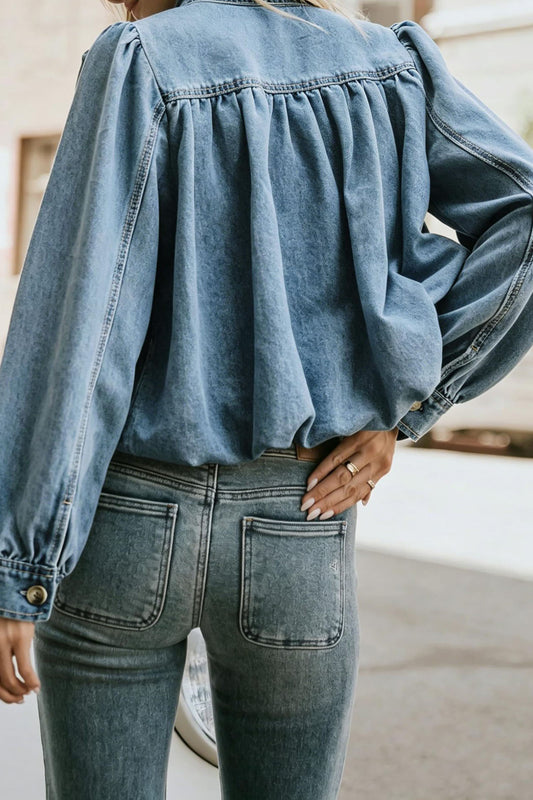 Puff-Sleeve Stand-Collar Denim Jacket