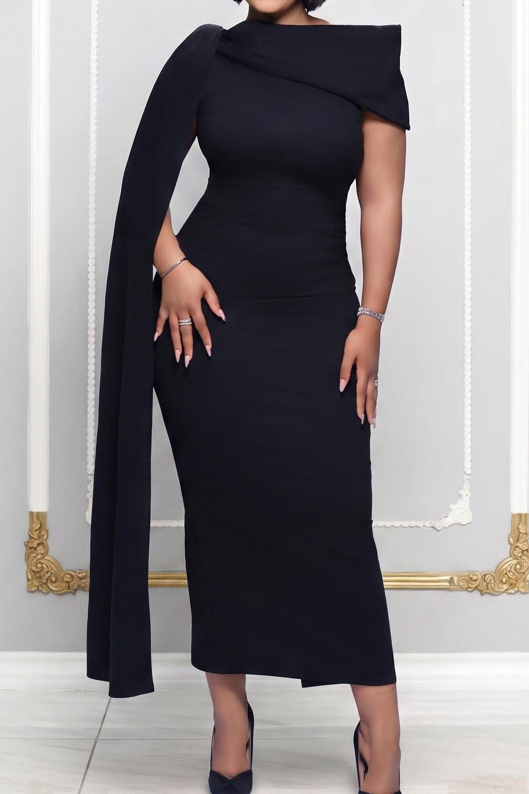 Elegant Asymmetric Draped Cape Maxi Dress