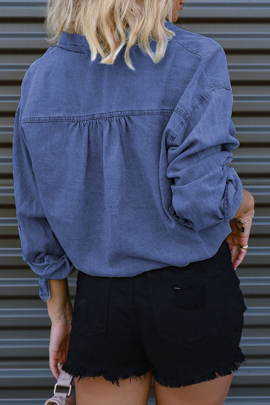 Long Sleeve Button Down Blouses Denim Shirt