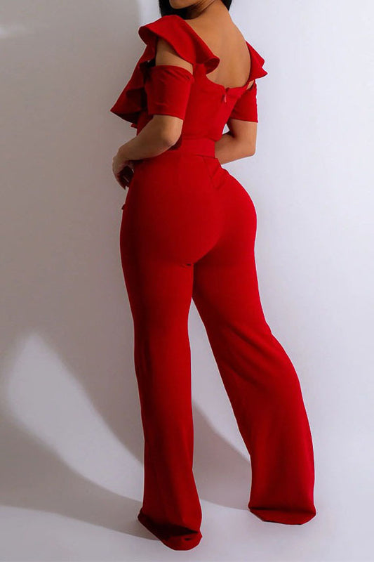 Plunging Ruffle Off-The-Shoulder Belted Flared Jumpsuit