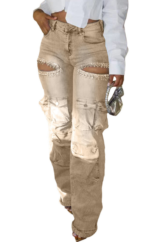 Rhinestone Cutout Wide Leg Cargo Pants