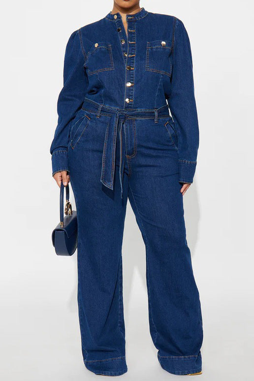 Long-Sleeve Wide-Leg Denim Jumpsuit