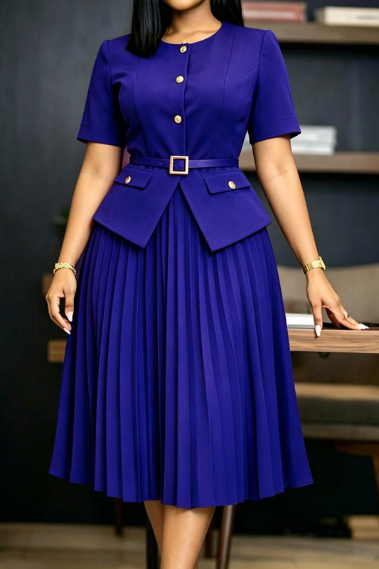 Mock 2-Piece Peplum Pleated Midi Dress