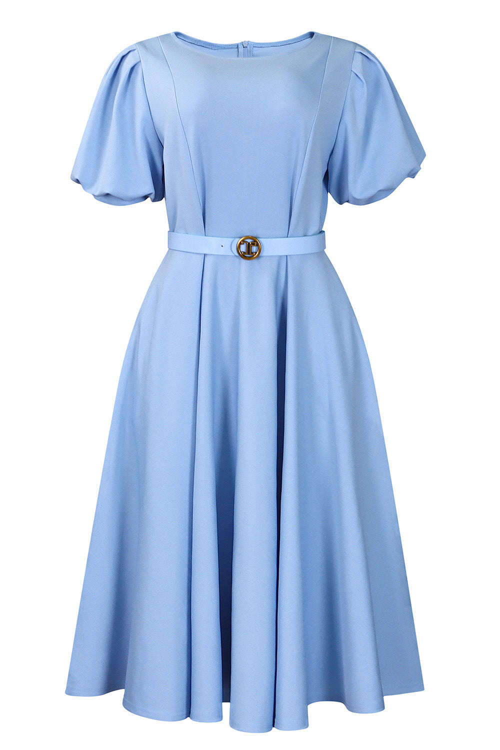 Puff Sleeve High Waist Solid Round Neck Dress