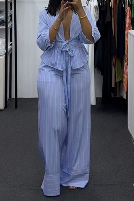 Striped Tie-Front Pant Set