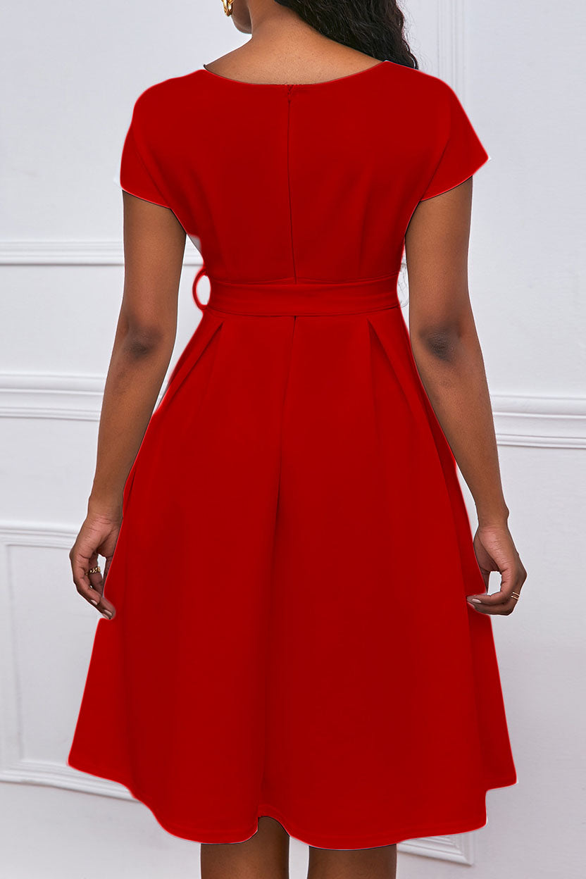 Solid Color Belted Bow Tie Waist Dress