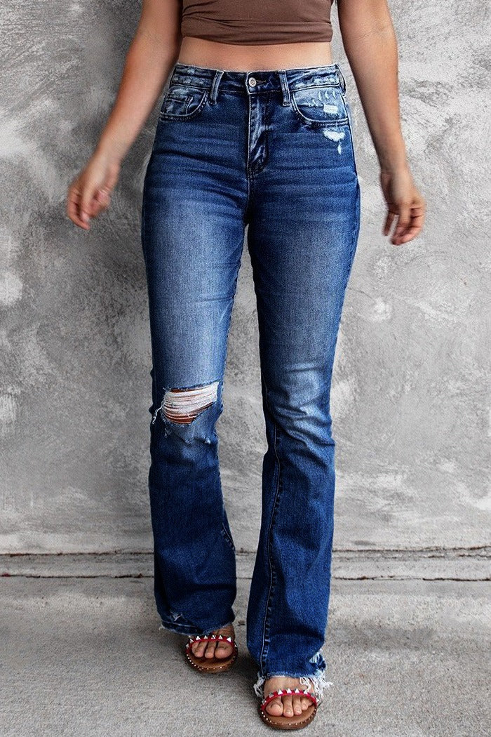 High Waist Distressed Raw Hem Flare Jeans