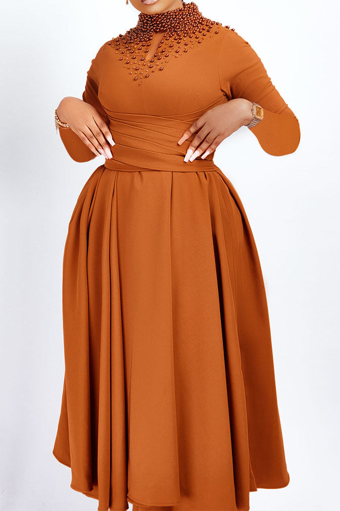 High Collar Elegant Beaded Large Swing Dress
