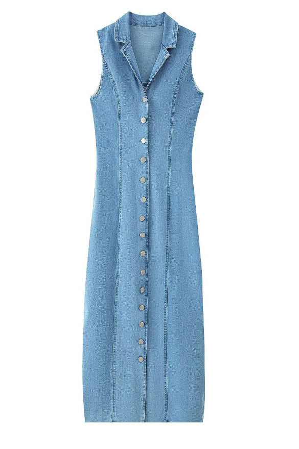 Slim Light Blue Denim Button Maxi Dress
