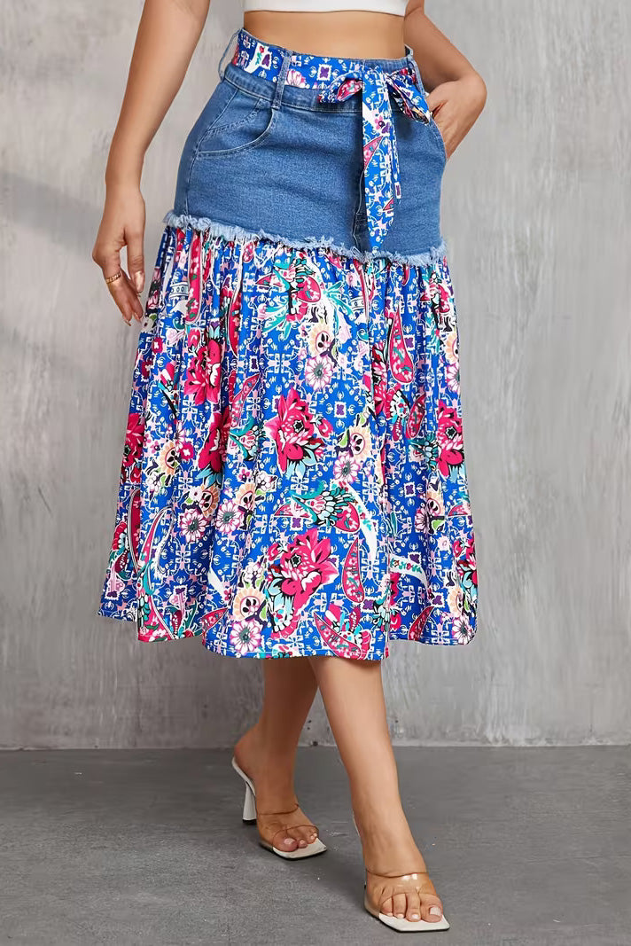 Frayed Denim Patchwork Boho Midi Skirt