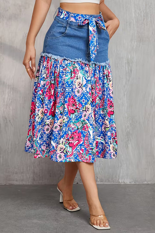 Frayed Denim Patchwork Boho Midi Skirt