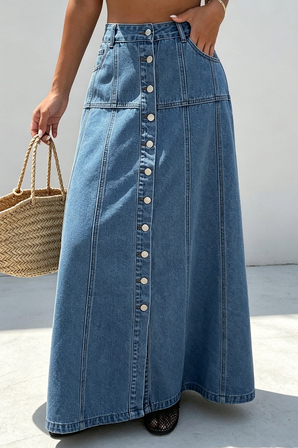 Button-Front A-Line Denim Maxi Skirt