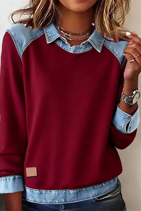 Denim Collar Long Sleeve Knit Pullover Top