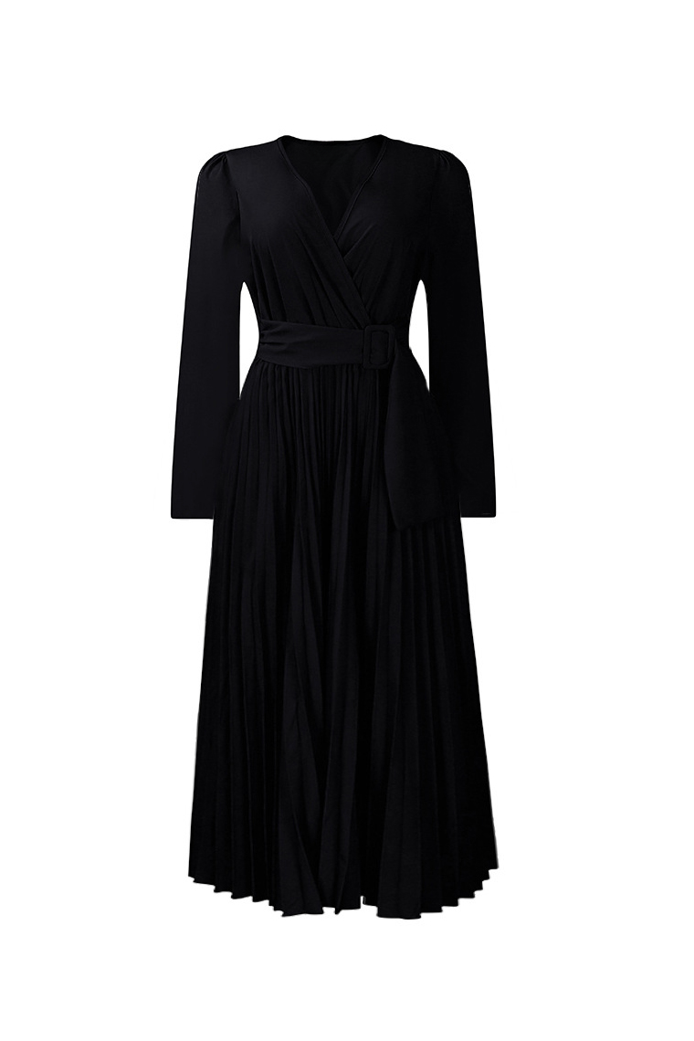 V Neck Long Sleeve Pleated Midi Dress