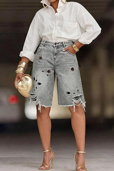 Grommet Distressed Denim Bermuda Shorts