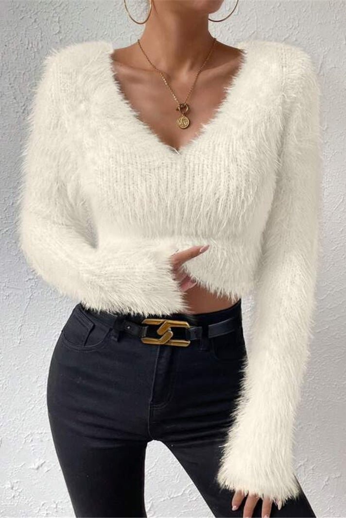 V Neck Slim Plush Short Sweater