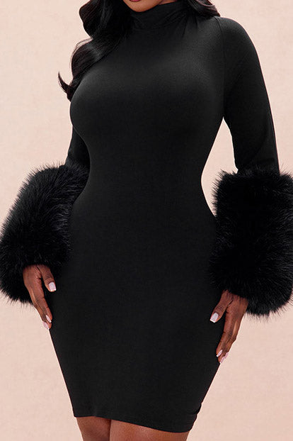 Plush-Cuff Mock-Neck Long-Sleeve Mini Dress